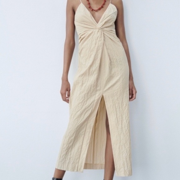 Zara Beige Midi Dress with Knot Detail - Picture 4 of 11
